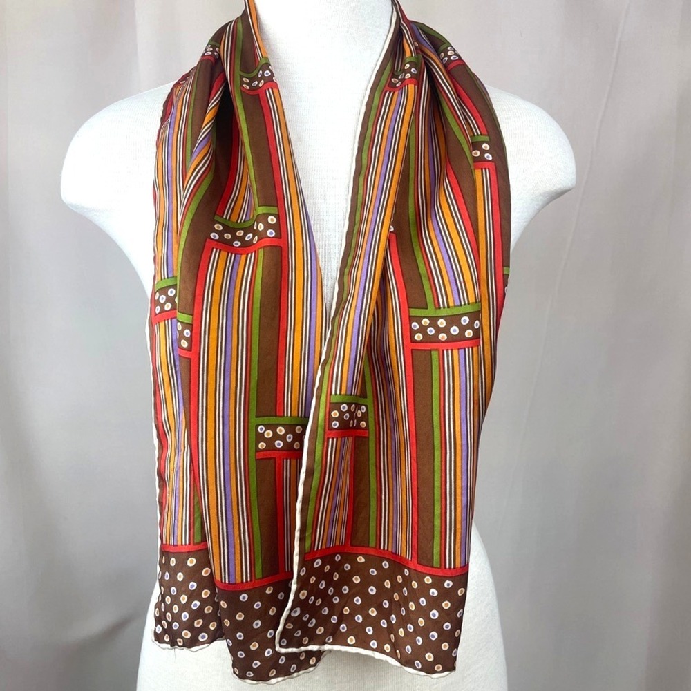 Vintage BURMEL Rectangle 13x46 Neck Scarf Mod Silk‎ Graphic 60s Brown Stripe Dot